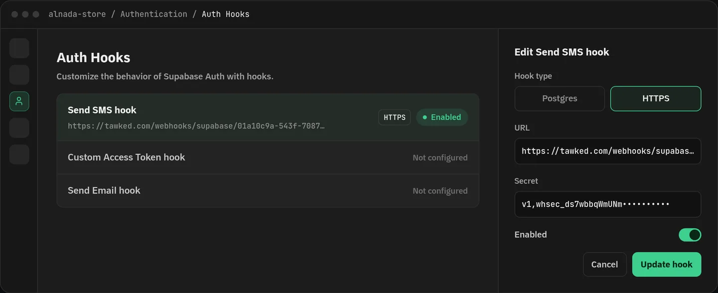 Supabase's Auth Hooks screen with the Send SMS hook enabled, pointed at Tawked's Hook URL and Secret