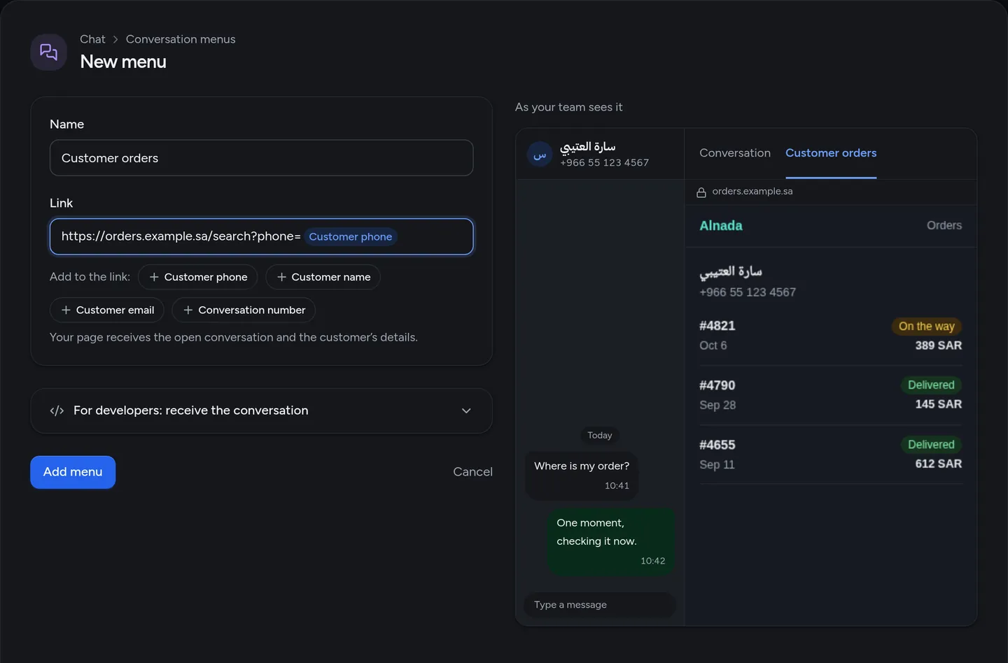 The New menu page in the Tawked console: the name "Customer orders", a link holding the Customer phone chip, and beside them the conversation preview showing the customer's orders