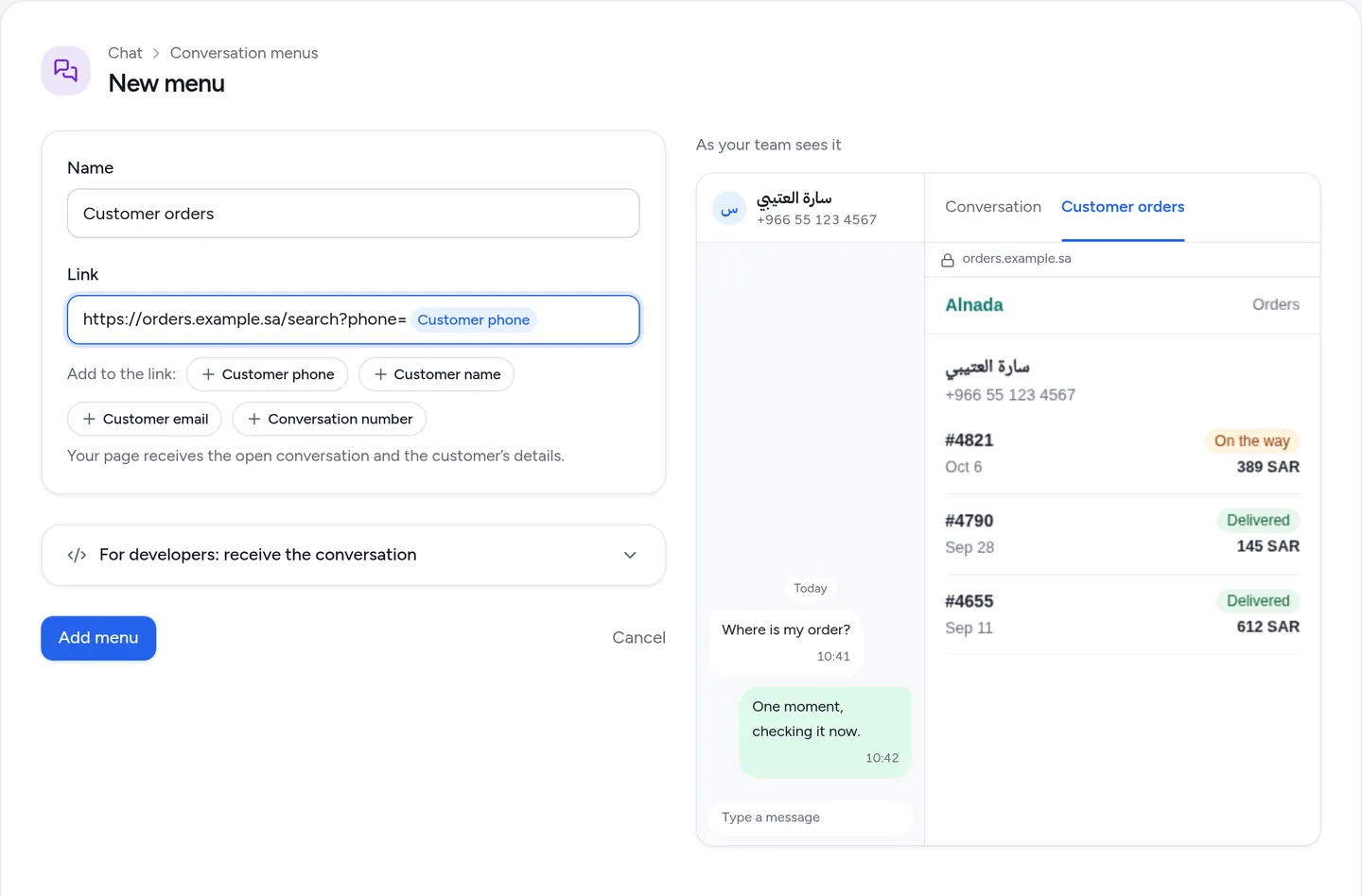 The New menu page in the Tawked console: the name "Customer orders", a link holding the Customer phone chip, and beside them the conversation preview showing the customer's orders