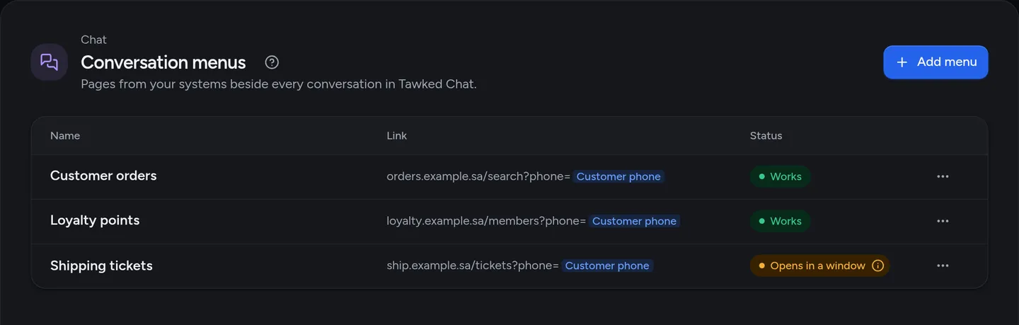 The Conversation menus list in the Tawked console with three menus: "Customer orders" and "Loyalty points" marked Works, and "Shipping tickets" marked Opens in a window