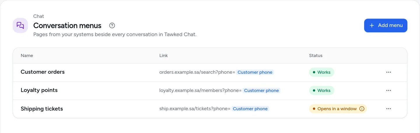 The Conversation menus list in the Tawked console with three menus: "Customer orders" and "Loyalty points" marked Works, and "Shipping tickets" marked Opens in a window