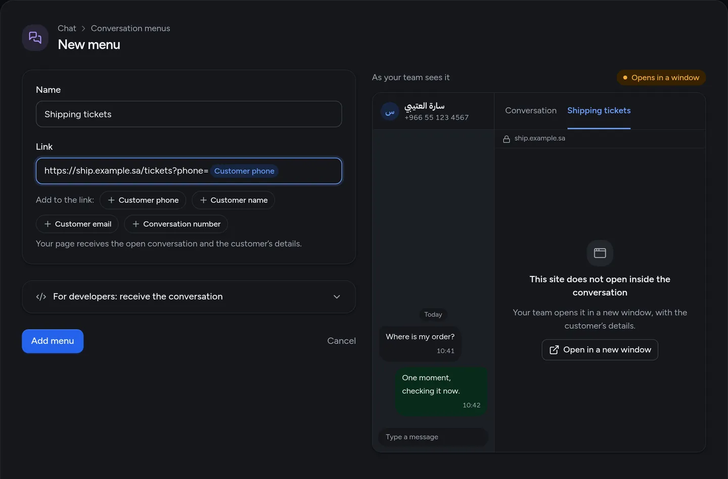 The New menu page for "Shipping tickets": the preview says the site does not open inside the conversation and shows an Open in a new window button