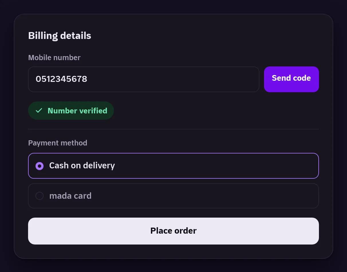 The checkout: the mobile number verified with a code, cash on delivery chosen, and the Place order button