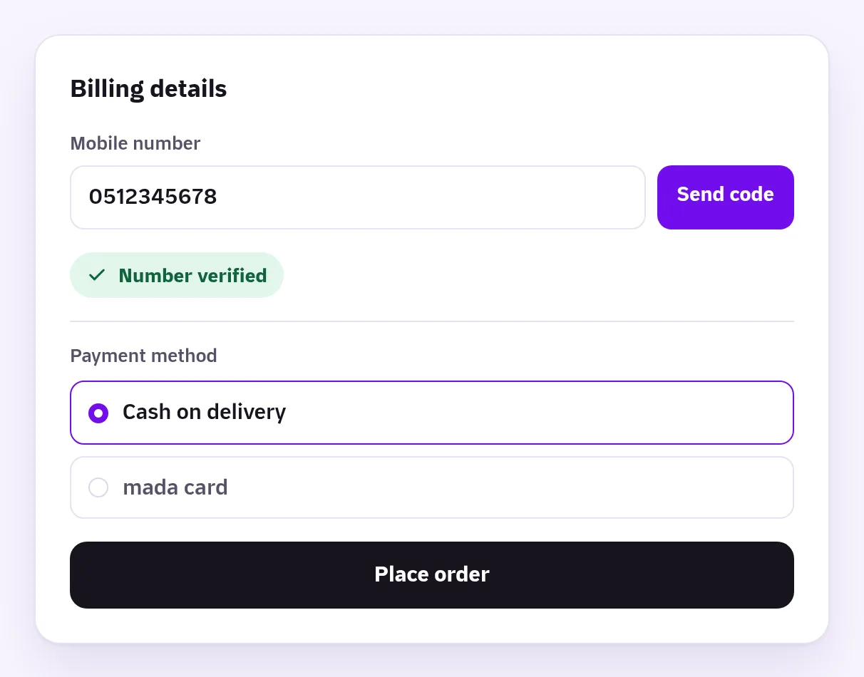 The checkout: the mobile number verified with a code, cash on delivery chosen, and the Place order button