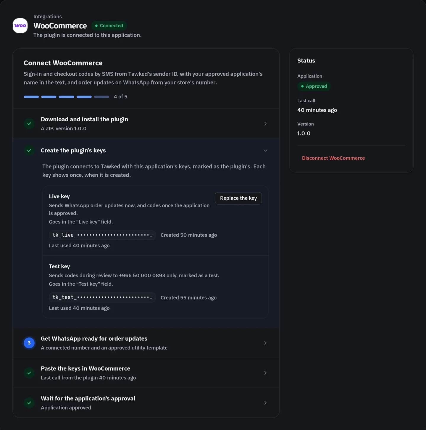 Tawked's console, the application's WooCommerce page: the plugin's keys and its last call