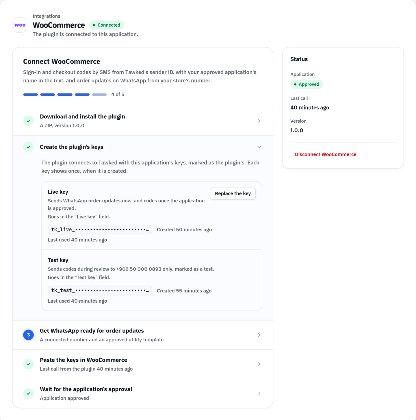 Tawked's console, the application's WooCommerce page: the plugin's keys and its last call